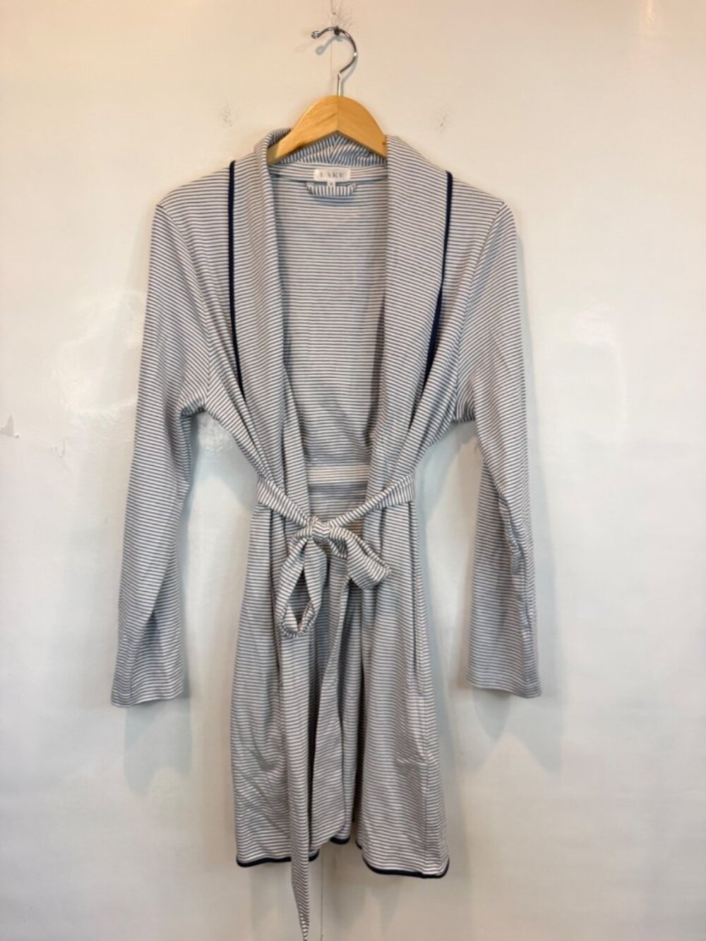 LAKE Women's Pima Cotton Short Robe Size Medium Navy Blue White Striped